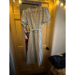 Fashion Women Blue Green Floral Wrap Midi Dress Short Puff Sleeve Pleated Small